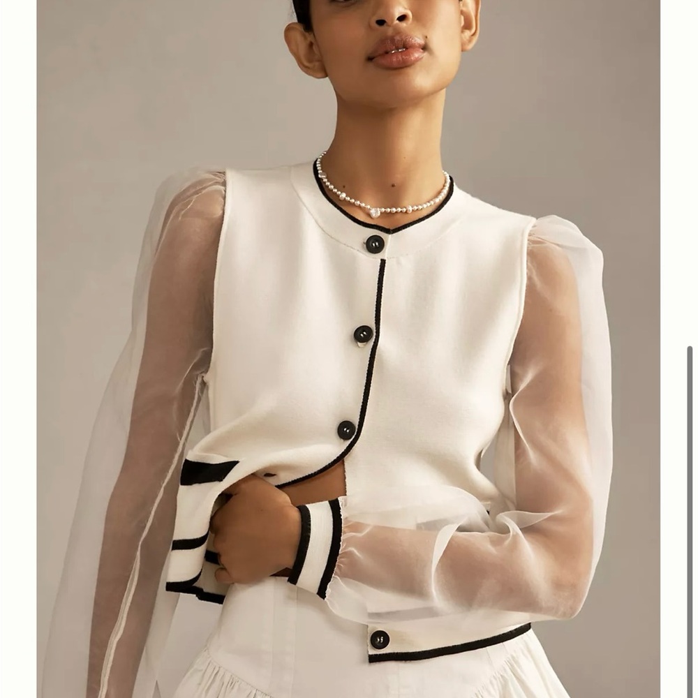 Maeve White and Black Sheer Sleeve Cardigan